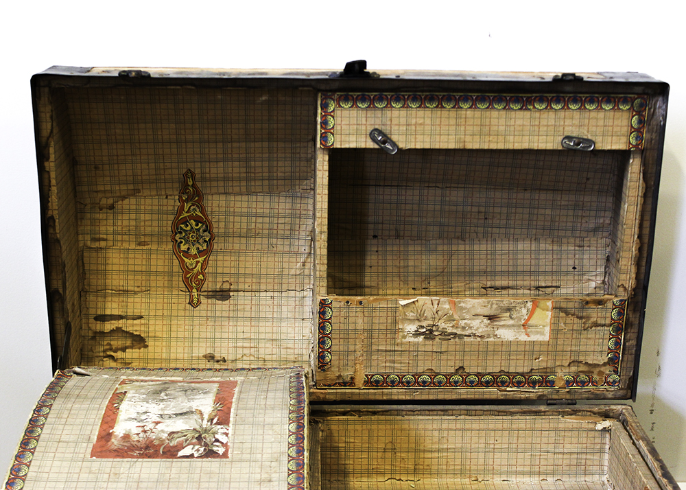 Antique Victorian Wood Humpback Steamer Trunk with Shelf