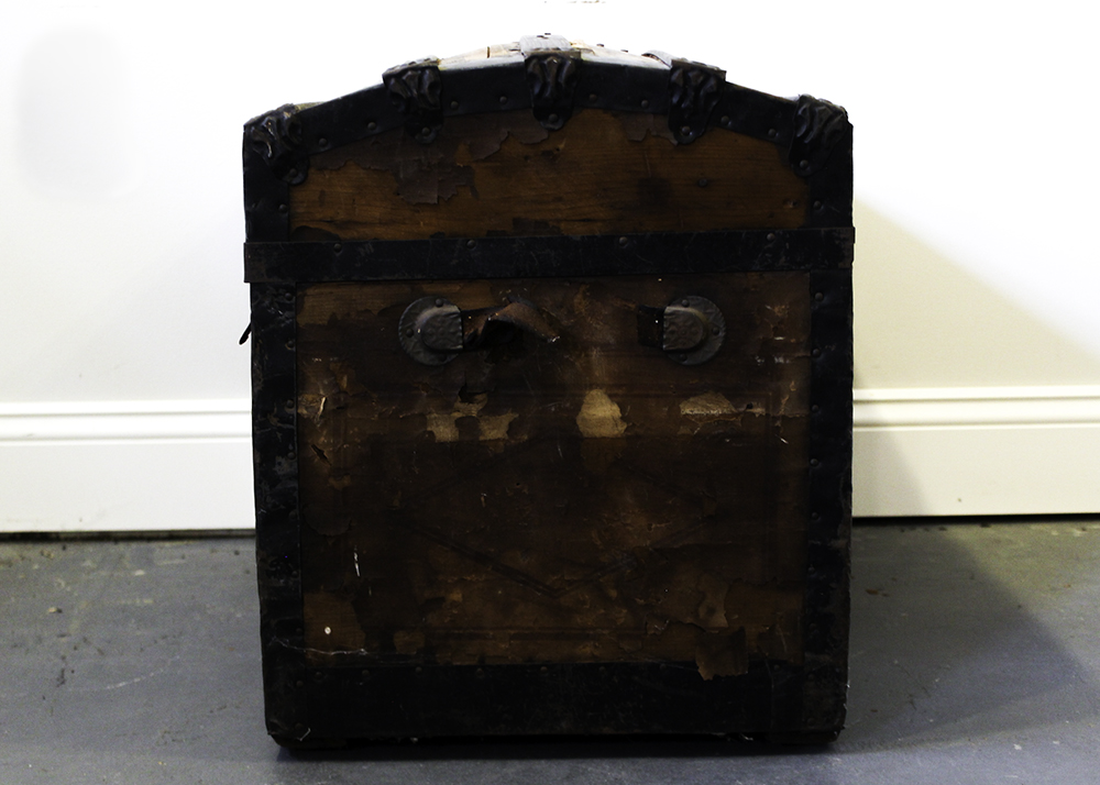 Antique Victorian Wood Humpback Steamer Trunk with Shelf