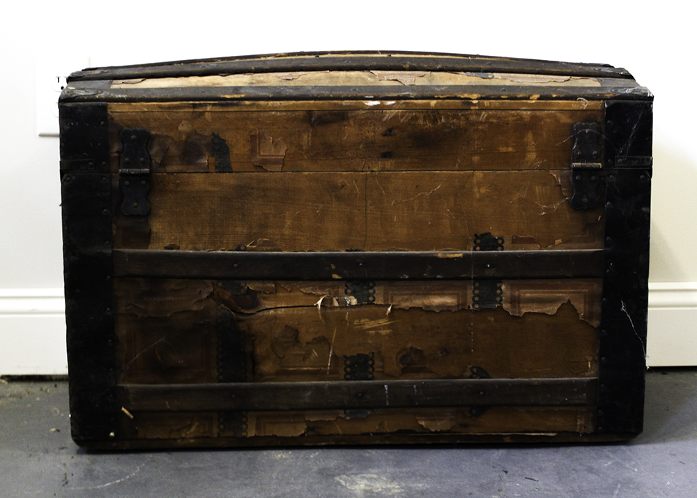 Antique Victorian Wood Humpback Steamer Trunk with Shelf