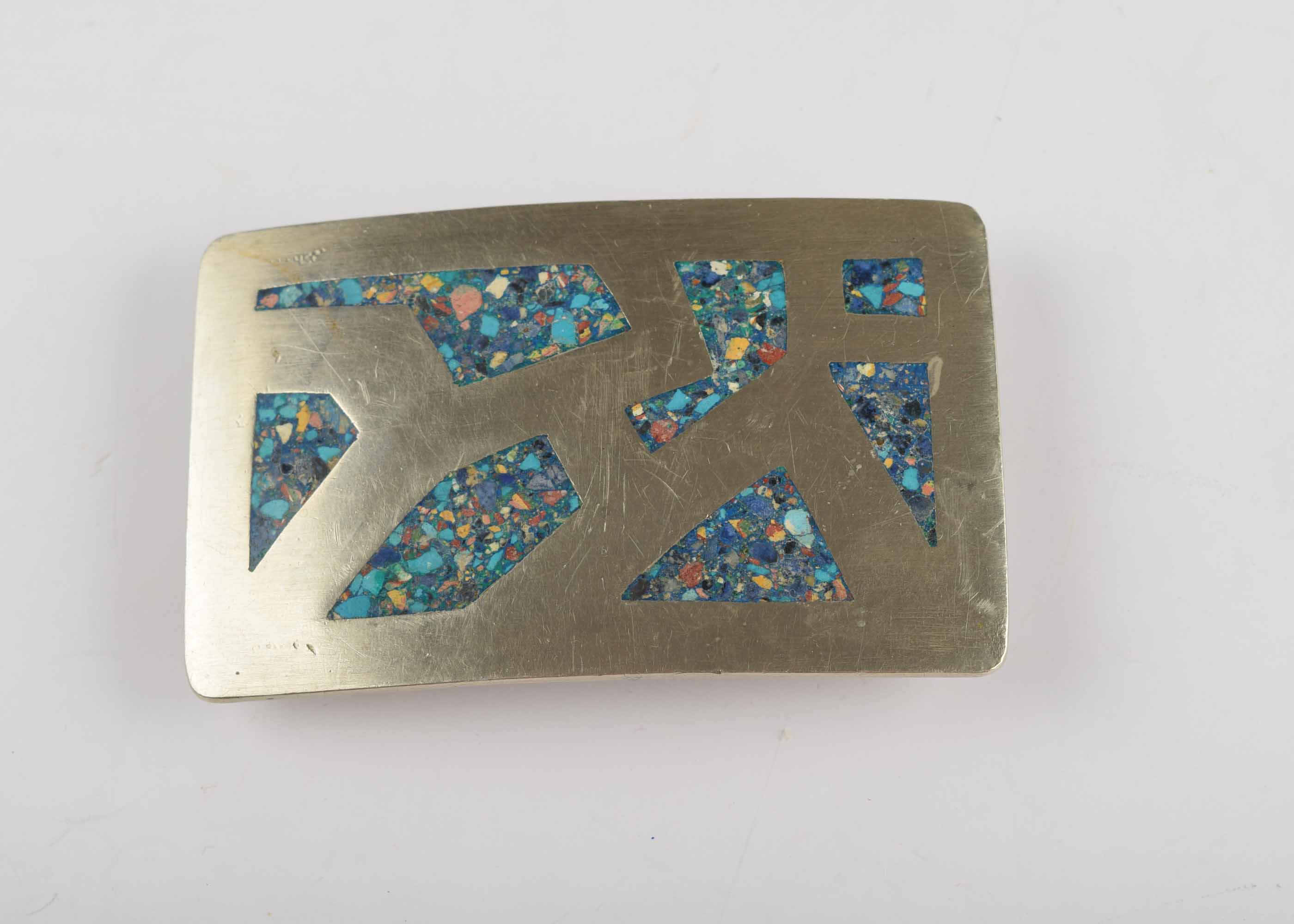 Vintage Hecho en Taxco Silver, Turquoise and Lapis Lazuli Belt Buckle