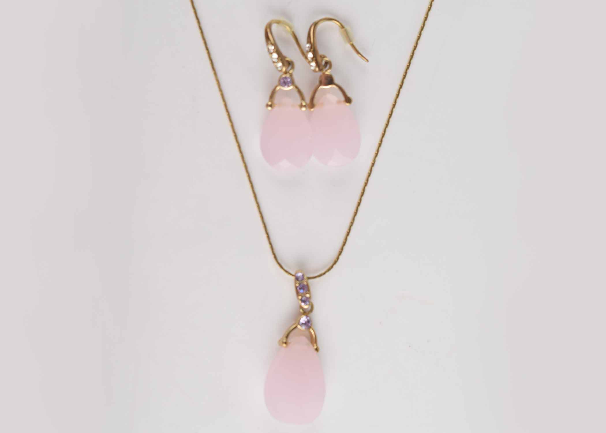 Pink Teardrop Crystal Pendant and Wire Drop Earrings on Sterling Silver Chain
