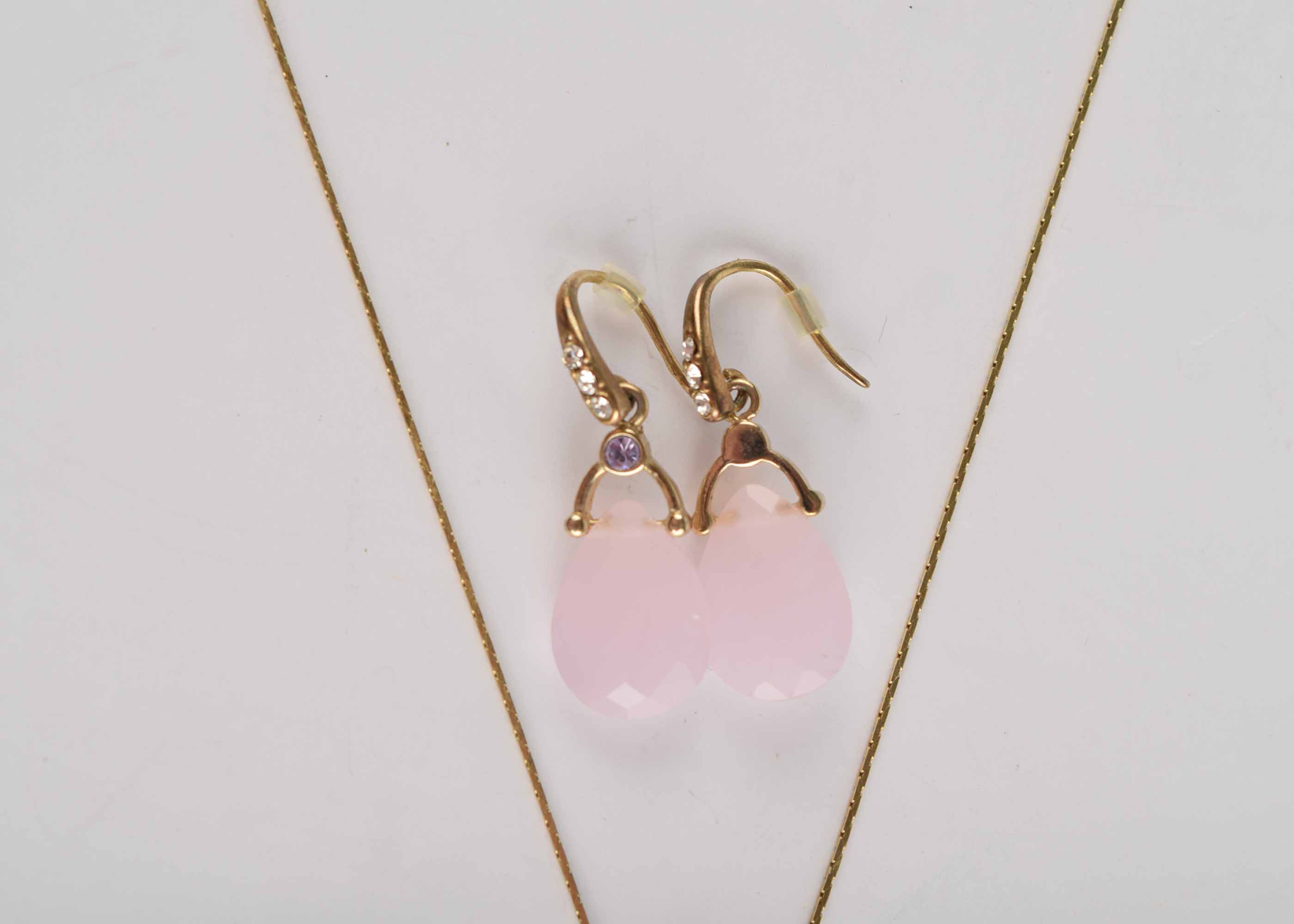 Pink Teardrop Crystal Pendant and Wire Drop Earrings on Sterling Silver Chain