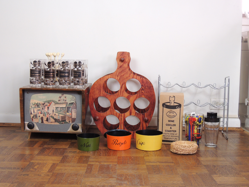 Vintage Portable Bar, Highball Glass Set, Wine Racks, and Accessories