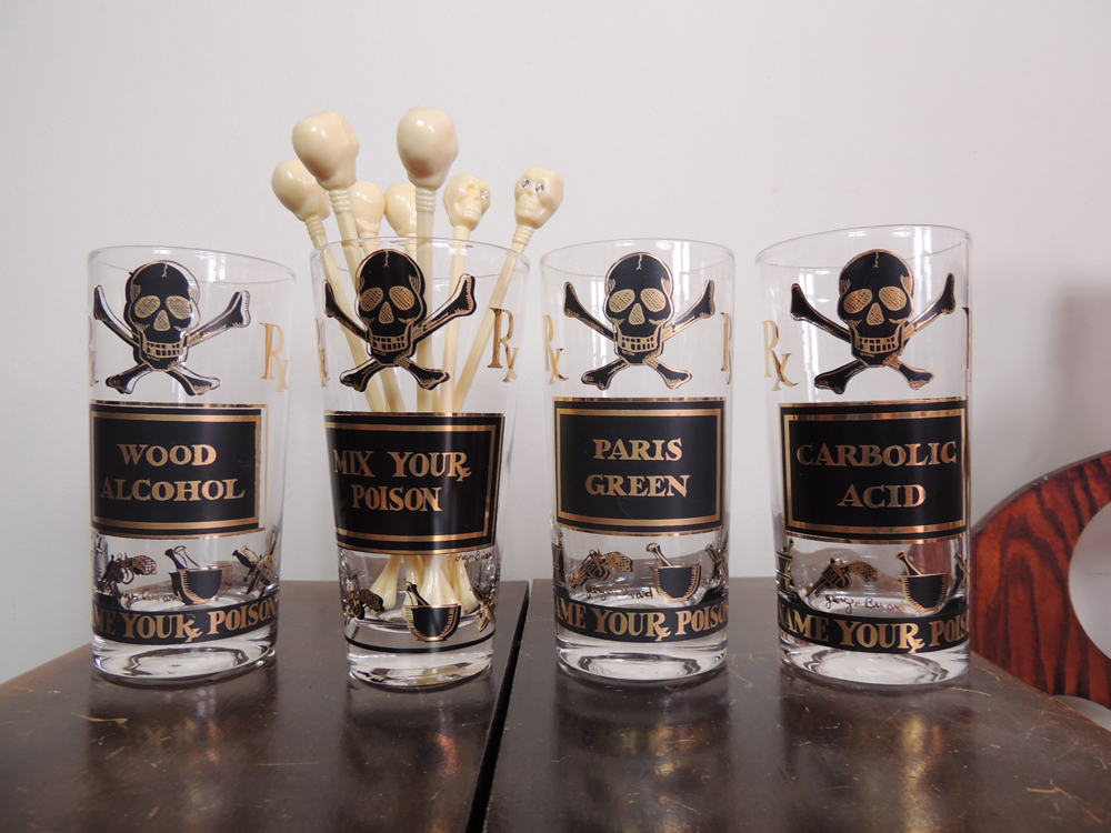 Vintage Portable Bar, Highball Glass Set, Wine Racks, and Accessories