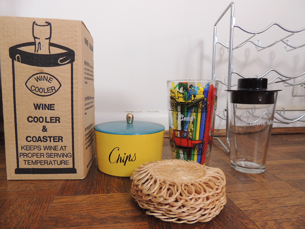 Vintage Portable Bar, Highball Glass Set, Wine Racks, and Accessories