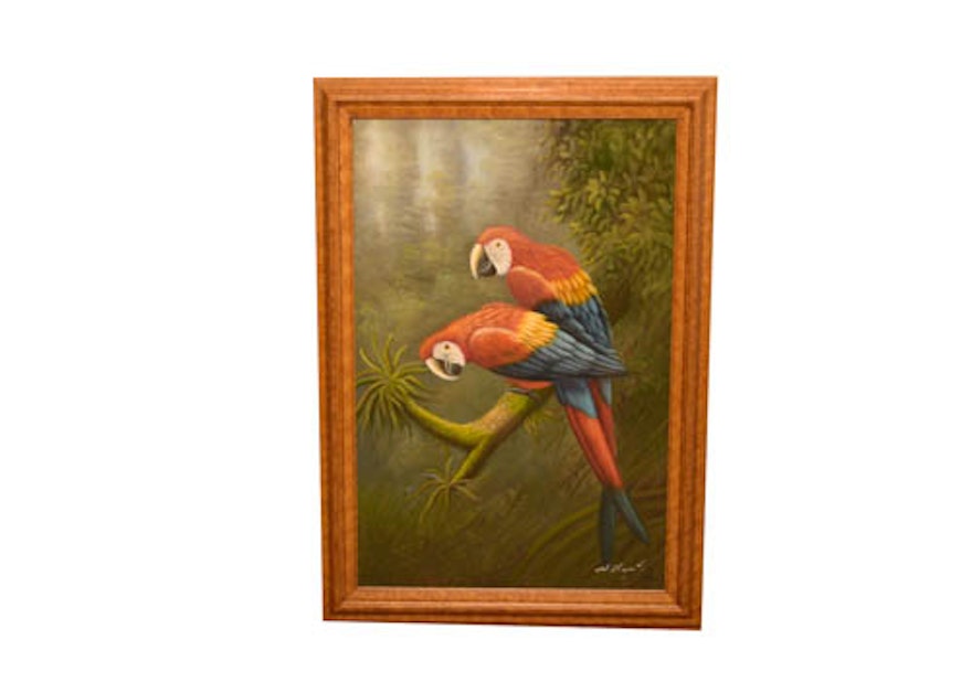 Signed Chapot Original Oil on Canvas of Parrots