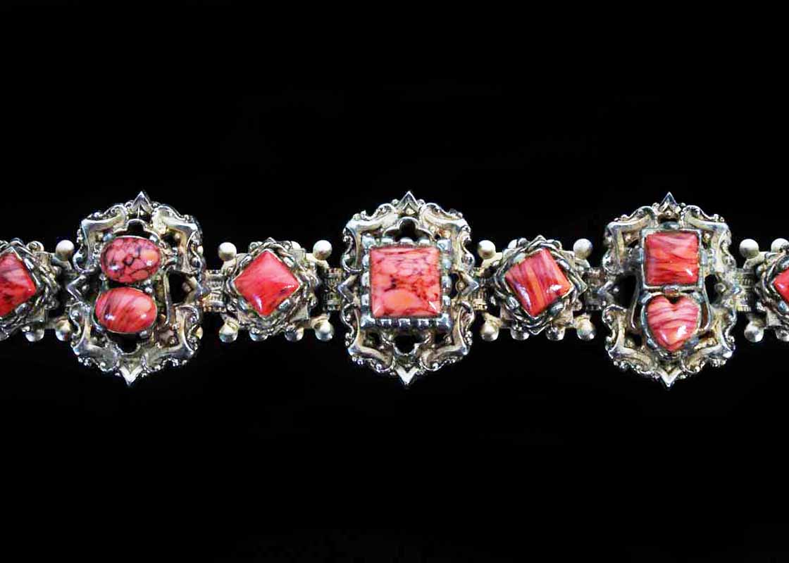 Ornate Synthetic Coral and Gold Tone Bracelet