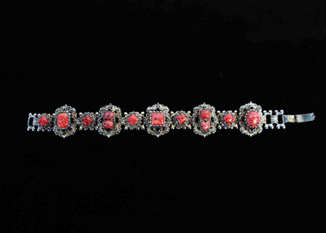 Ornate Synthetic Coral and Gold Tone Bracelet