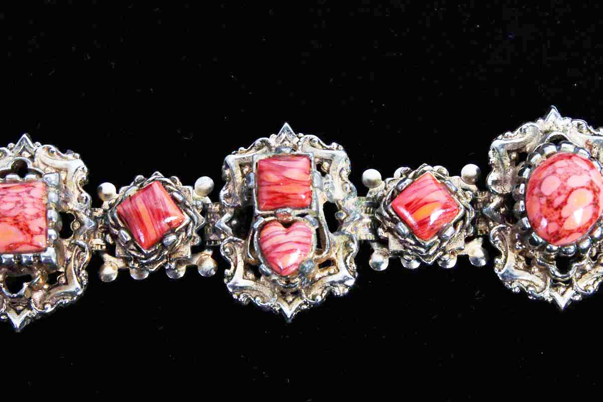 Ornate Synthetic Coral and Gold Tone Bracelet