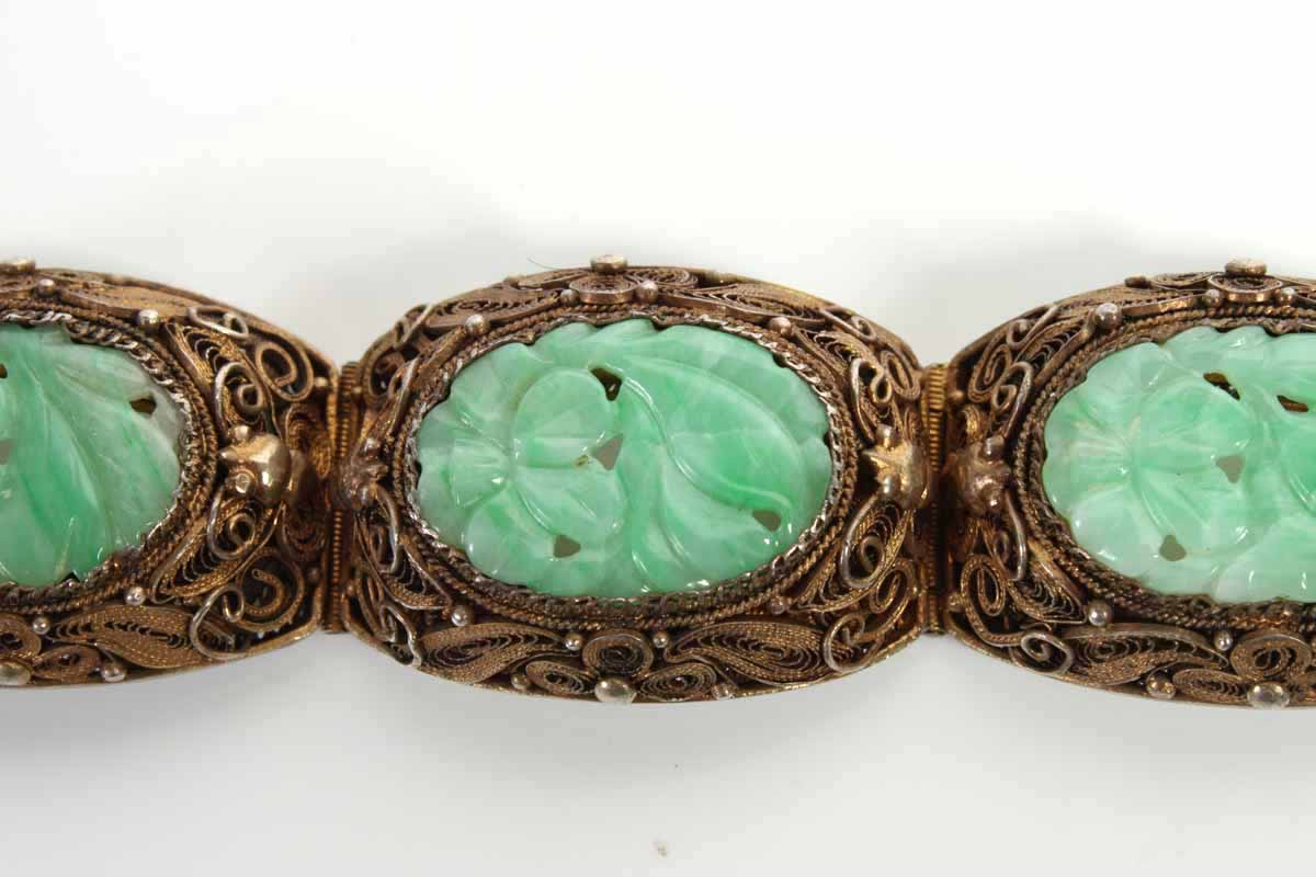 Gold Tone Silver and Nephrite Jade Bracelet