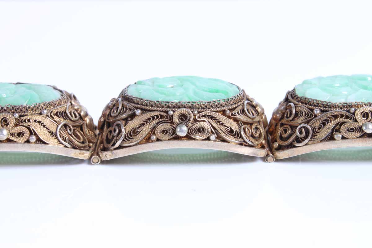 Gold Tone Silver and Nephrite Jade Bracelet