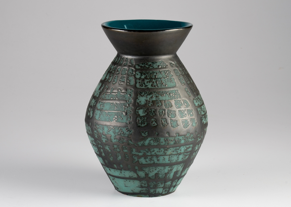Carstens Aqua and Black Ceramic Vase