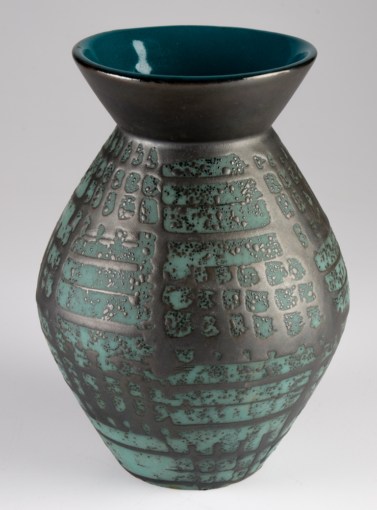Carstens Aqua and Black Ceramic Vase