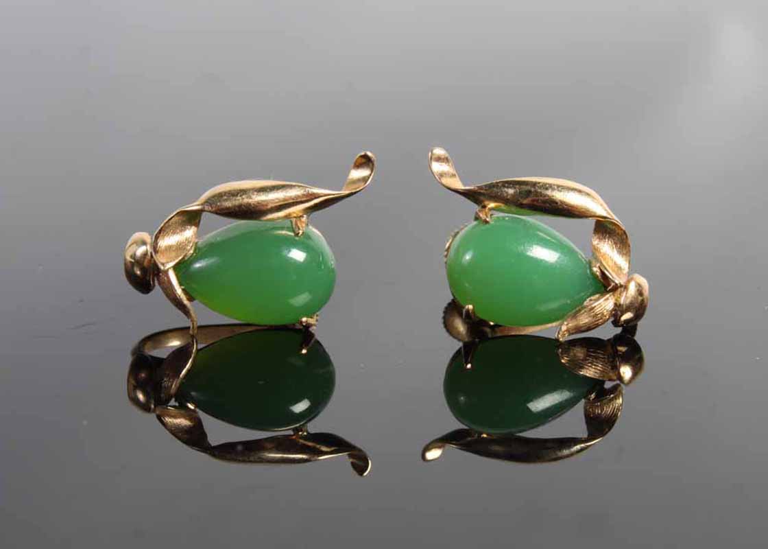 Pair of 1930s 14K Gold Chinese Nephrite Jade Earrings