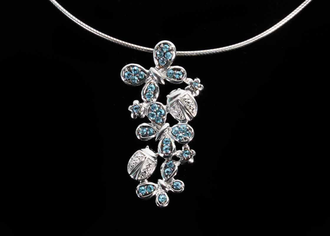 Sterling Silver Jeweled Butterfly and Lady Bug Pendant Necklace