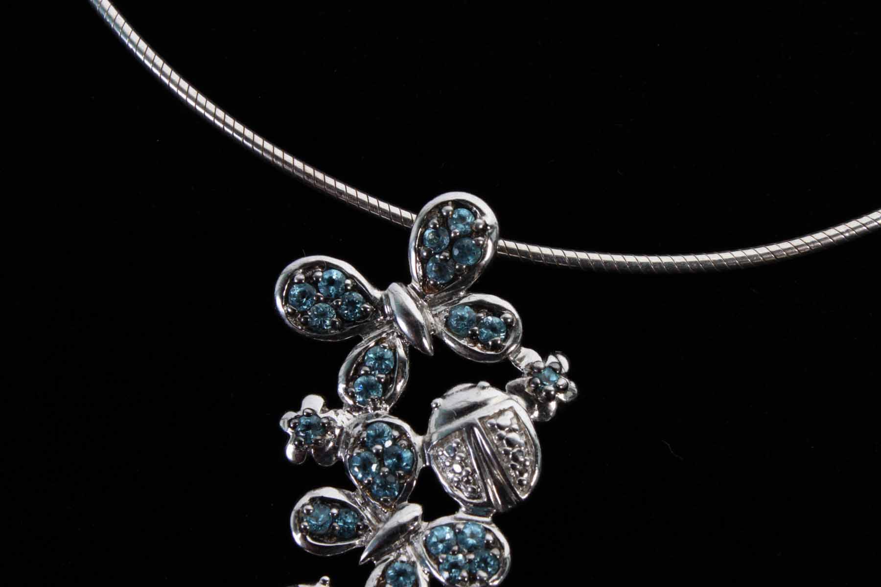 Sterling Silver Jeweled Butterfly and Lady Bug Pendant Necklace