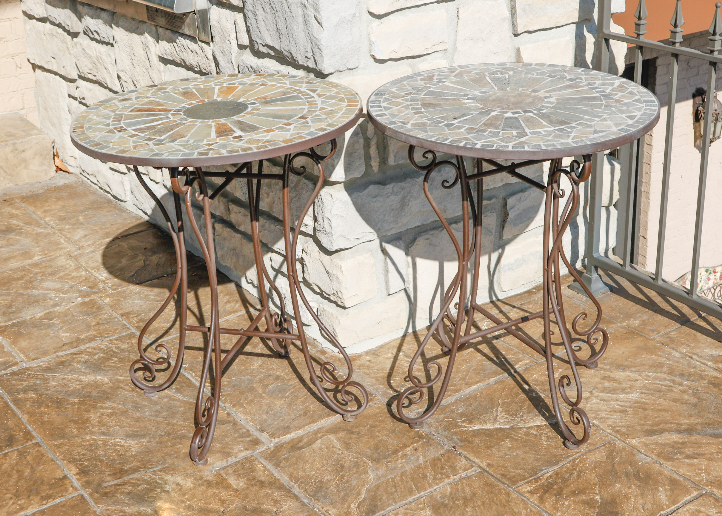 Pair of Round Mosaic Inlay Patio Side Tables