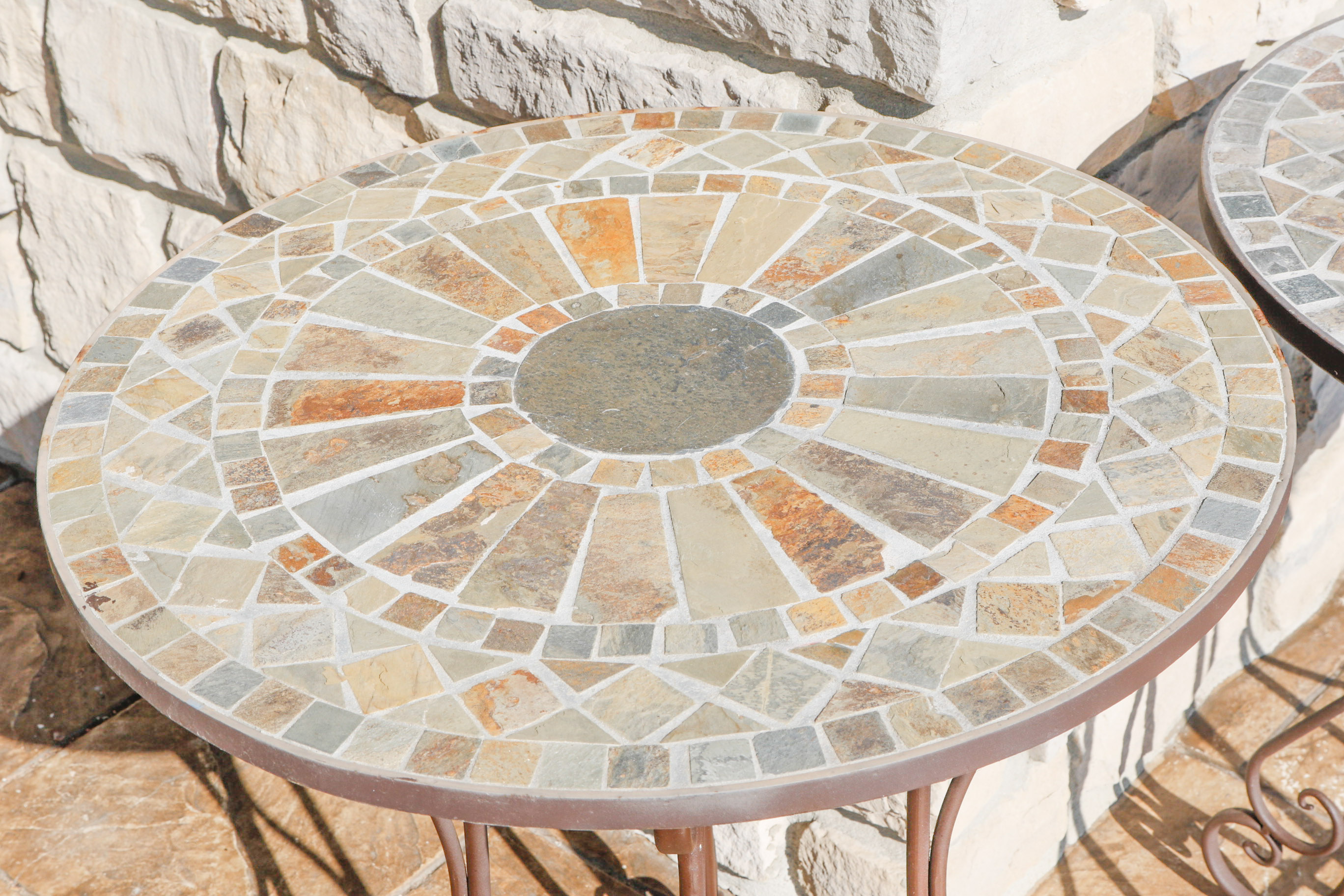 Pair of Round Mosaic Inlay Patio Side Tables