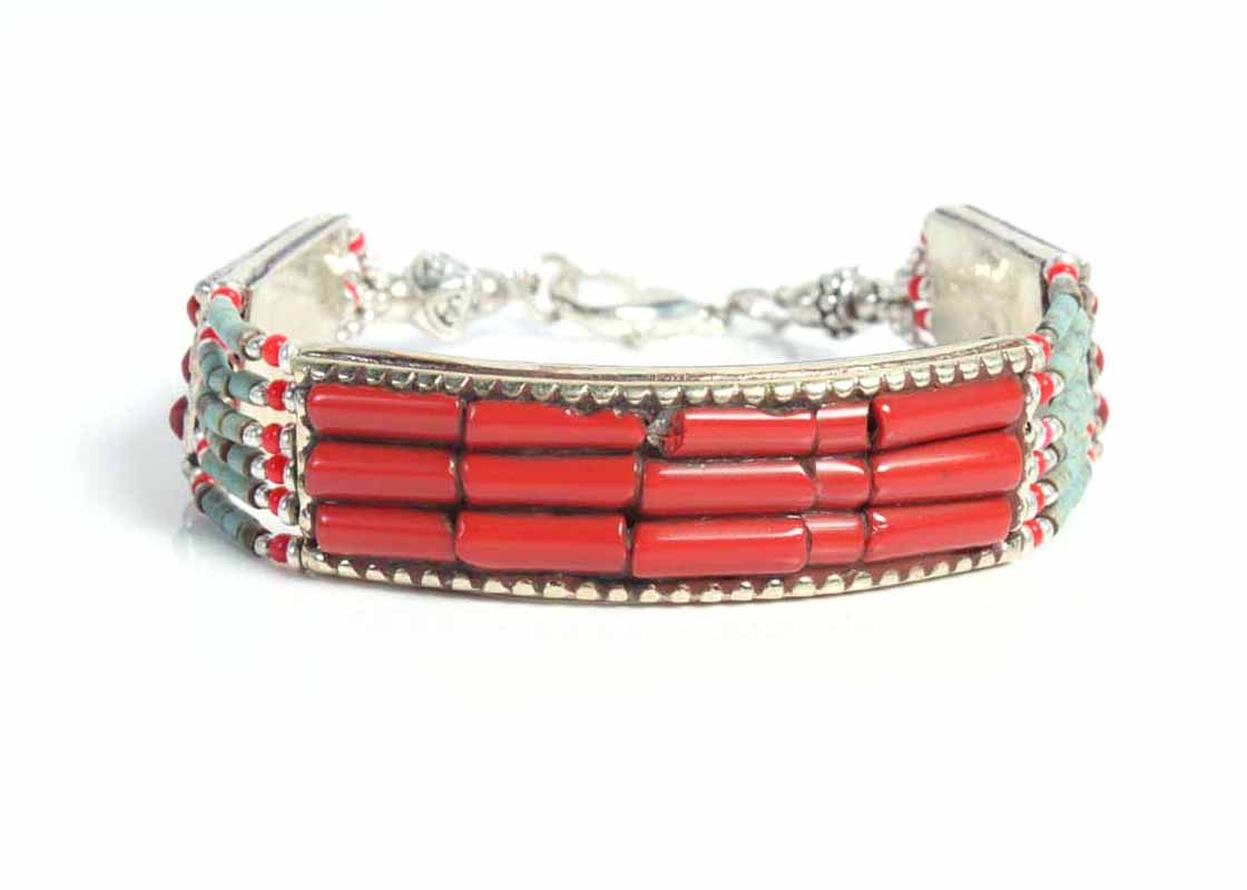 Southwestern Style Sterling Silver Turquoise and Coral Bracelet