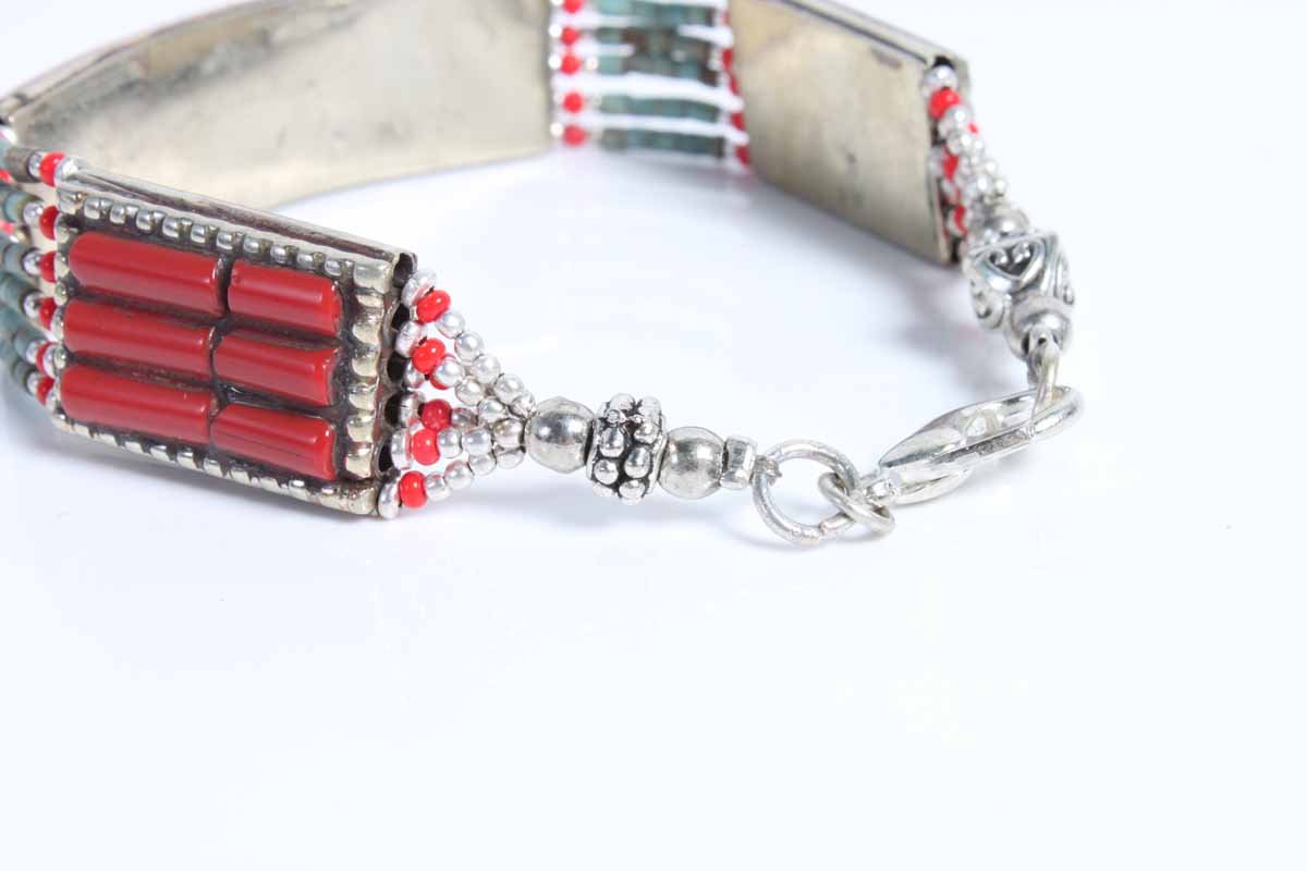 Southwestern Style Sterling Silver Turquoise and Coral Bracelet