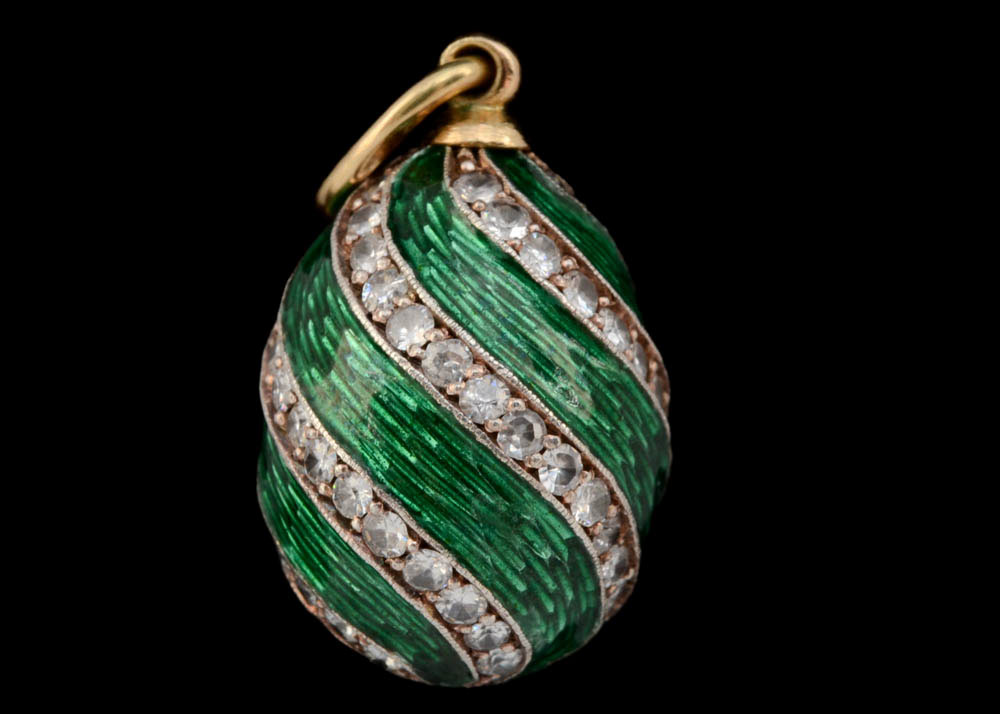 Russian Champlevé Enamel and Crystal Egg Pendant with 14K Yellow Gold Bale