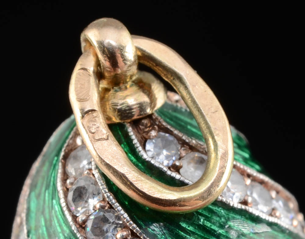 Russian Champlevé Enamel and Crystal Egg Pendant with 14K Yellow Gold Bale