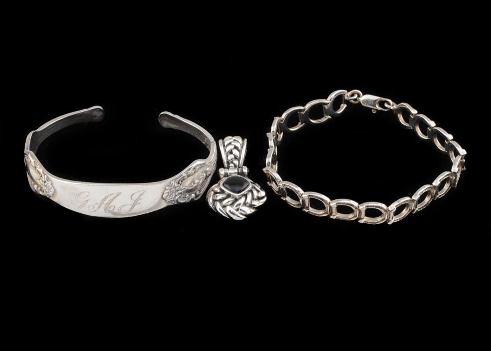 Sterling Cuff Bracelet, Onyx Pendant and Horse Shoe Link Bracelet