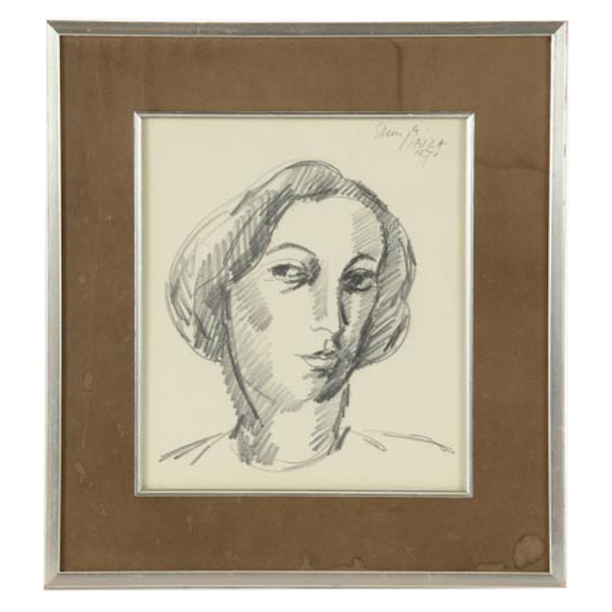 Vintage Graphite Drawing of Head of Woman