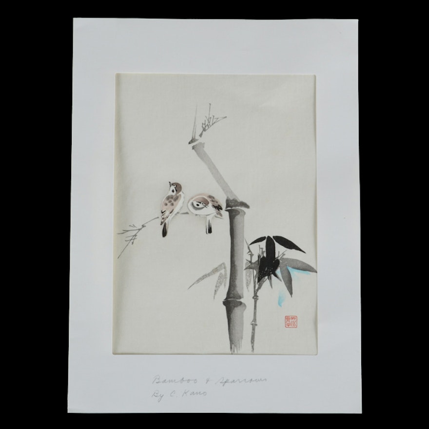 C. Kano Japanese Woodblock Print "Bamboo and Sparrows"