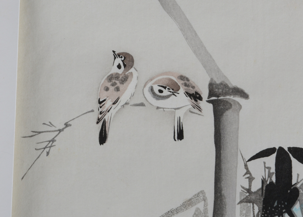C. Kano Japanese Woodblock Print "Bamboo and Sparrows"