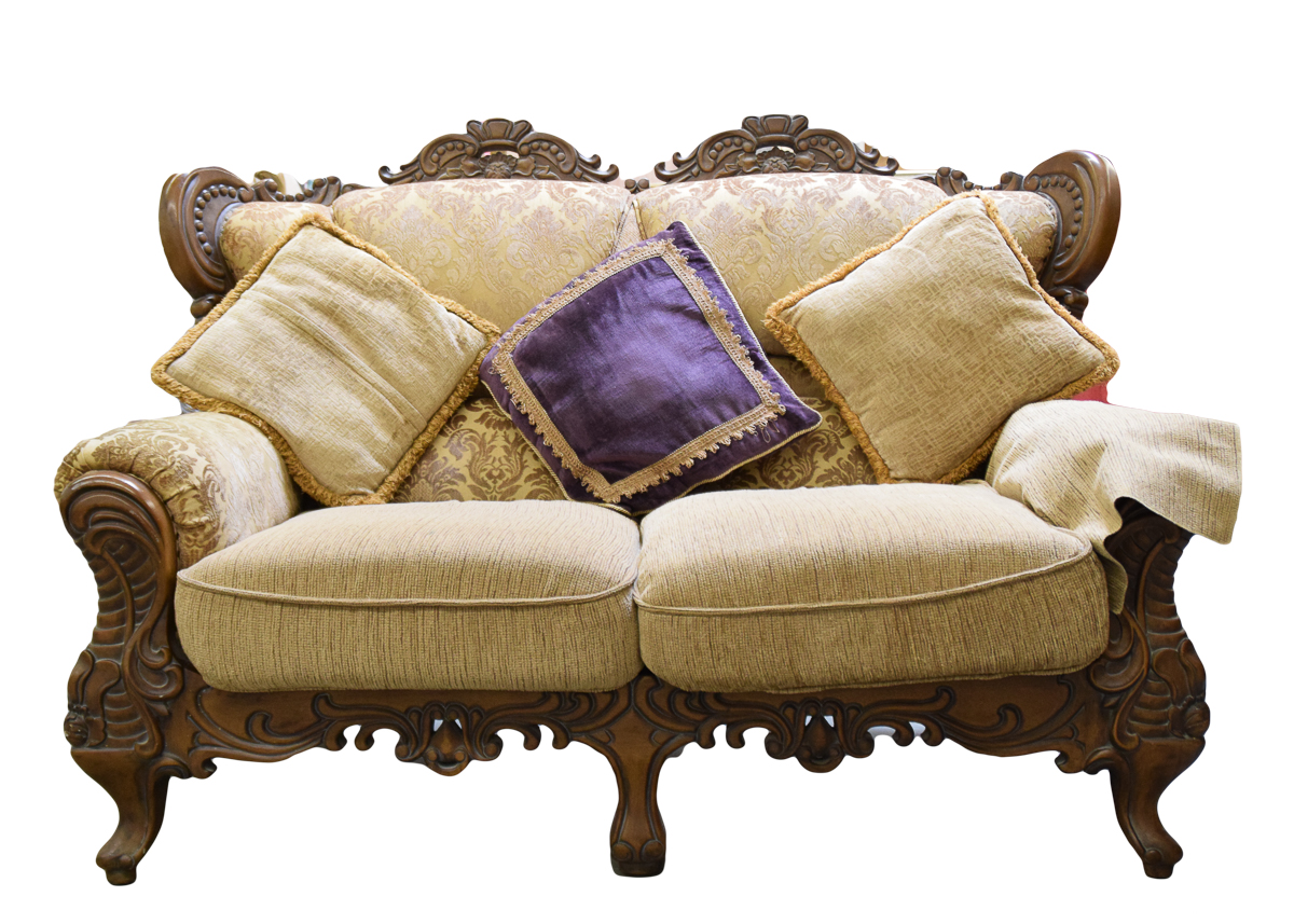 Vintage Carved Wooden Upholstered Loveseat