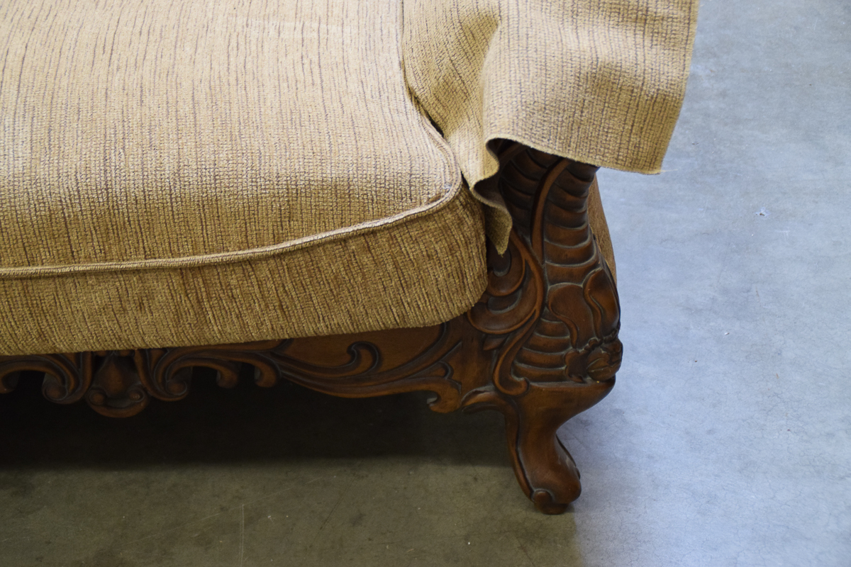 Vintage Carved Wooden Upholstered Loveseat