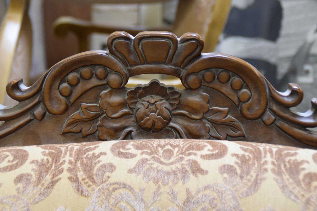 Vintage Carved Wooden Upholstered Loveseat