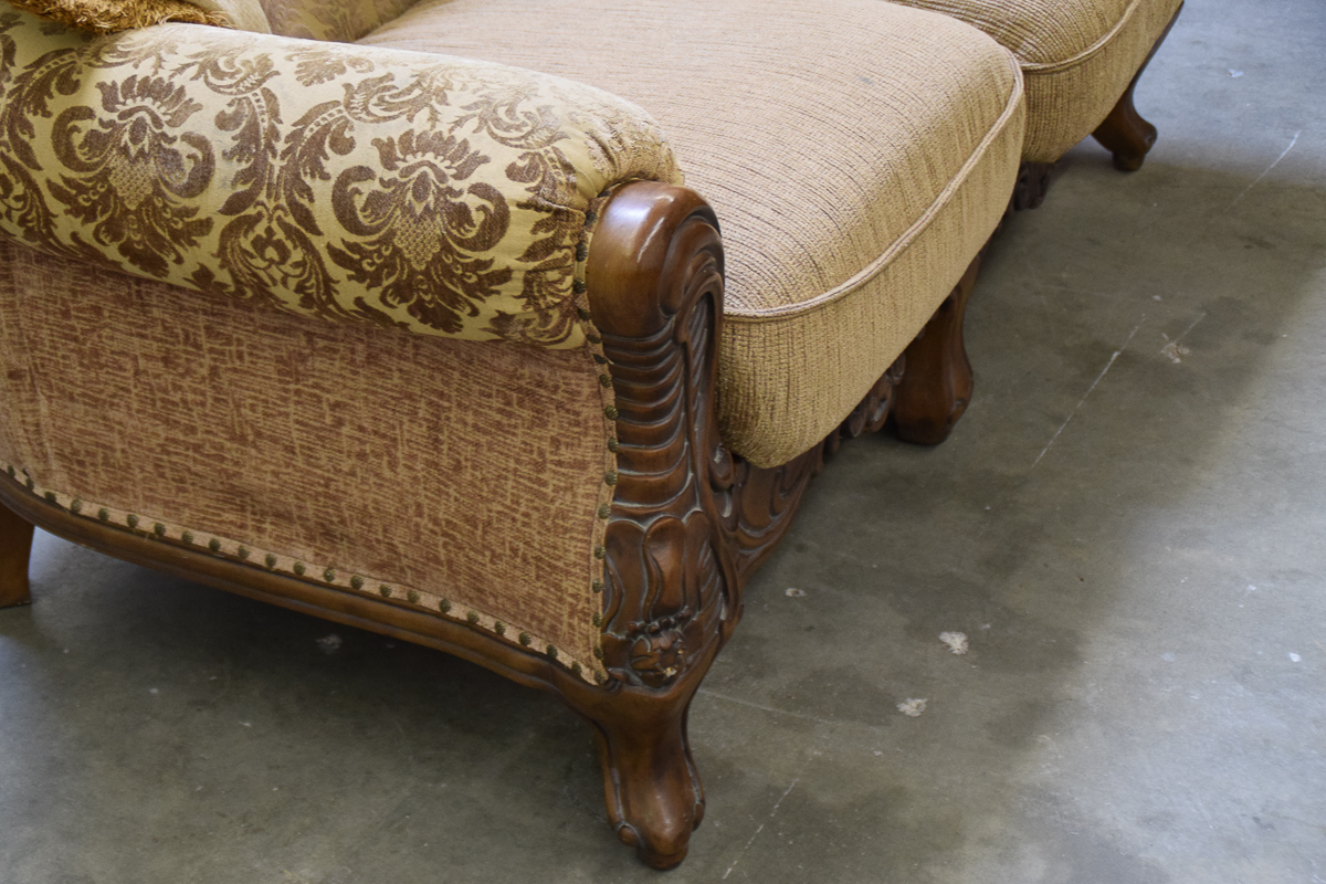 Vintage Carved Wooden Upholstered Loveseat
