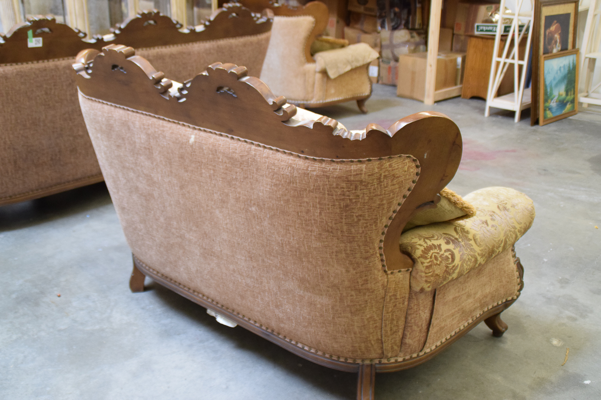 Vintage Carved Wooden Upholstered Loveseat