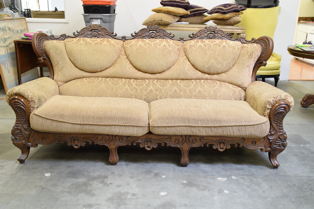 Carved Wooden Upholstered Settee