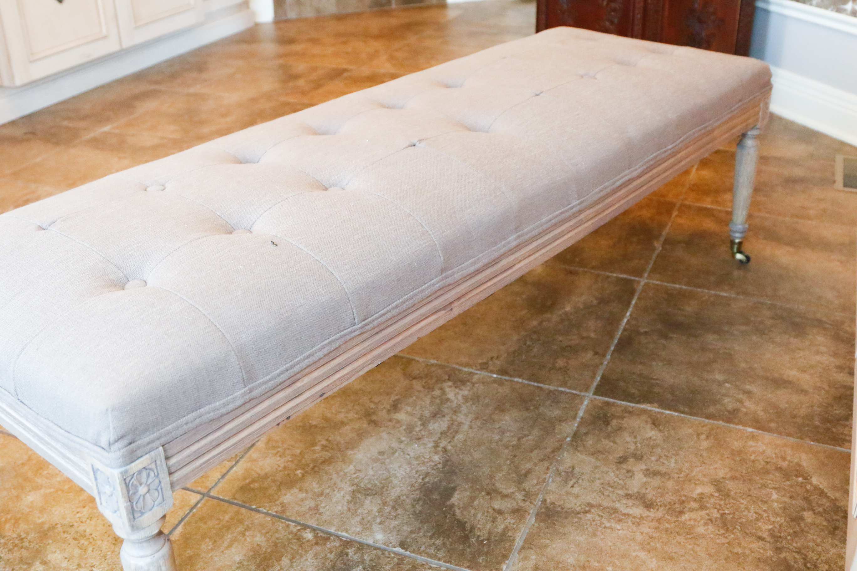 Neoclassical Style Gray Button Tufted Bench