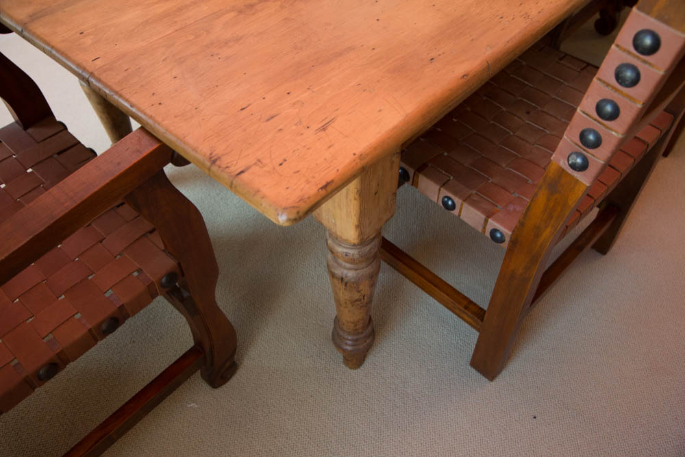 Antique Spanish Colonial Style Pine Dining Table with Six Chairs