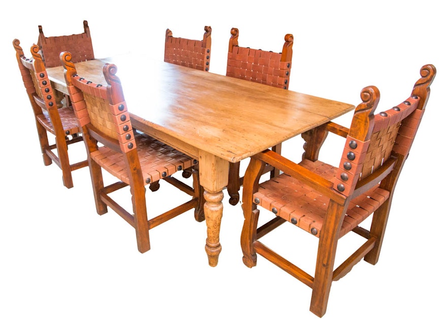 Antique Spanish Colonial Style Pine Dining Table with Six Chairs