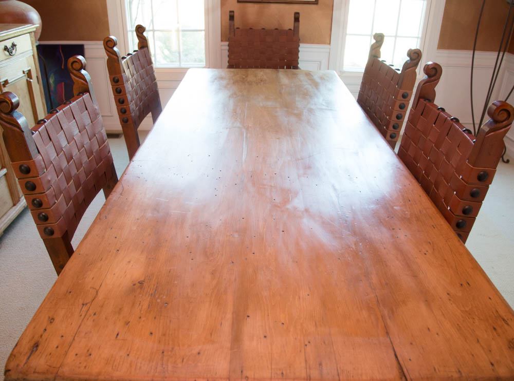 Antique Spanish Colonial Style Pine Dining Table with Six Chairs