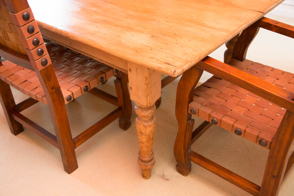 Antique Spanish Colonial Style Pine Dining Table with Six Chairs