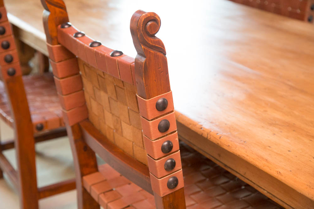 Antique Spanish Colonial Style Pine Dining Table with Six Chairs