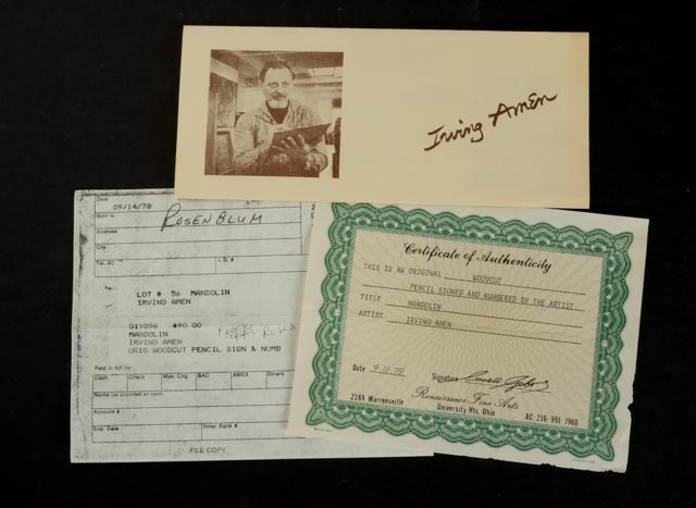 Irving Amen Artist's Proof Woodblock "Mandolin"