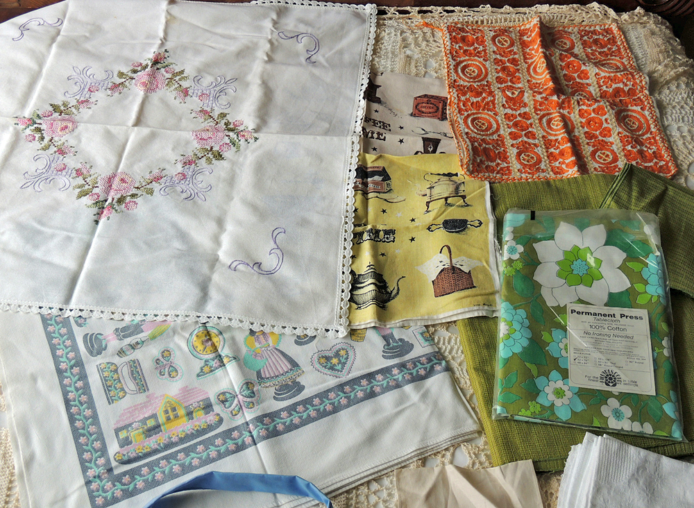 Vintage Apron, Linens and Crochet Bedspread