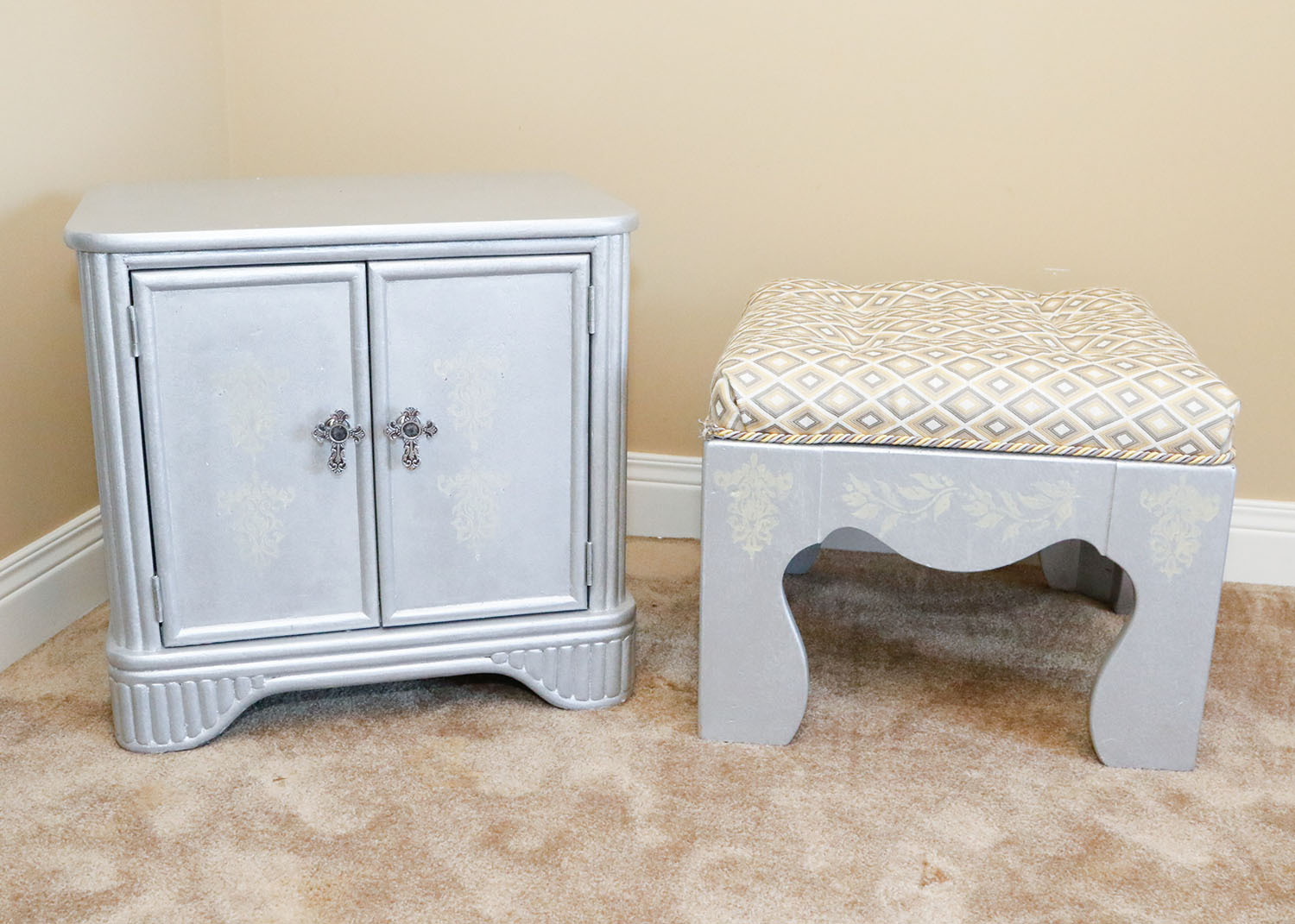 Painted and Stenciled Cabinet with Matching Seat