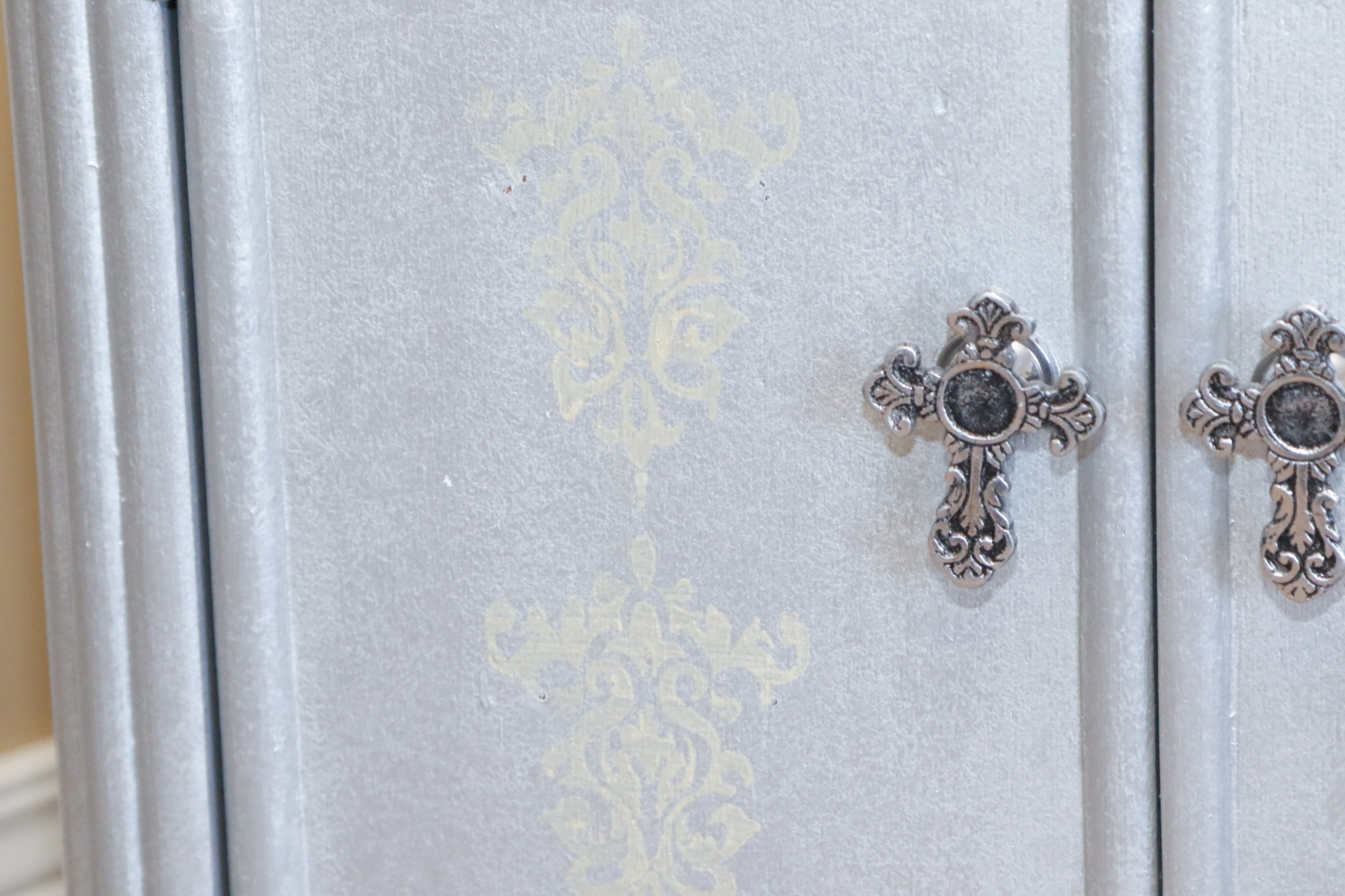 Painted and Stenciled Cabinet with Matching Seat