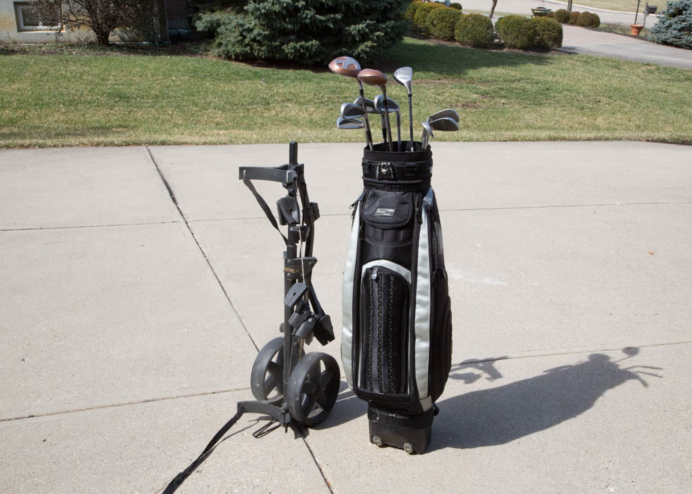 Collection of Golf Clubs with Rolling Caddy