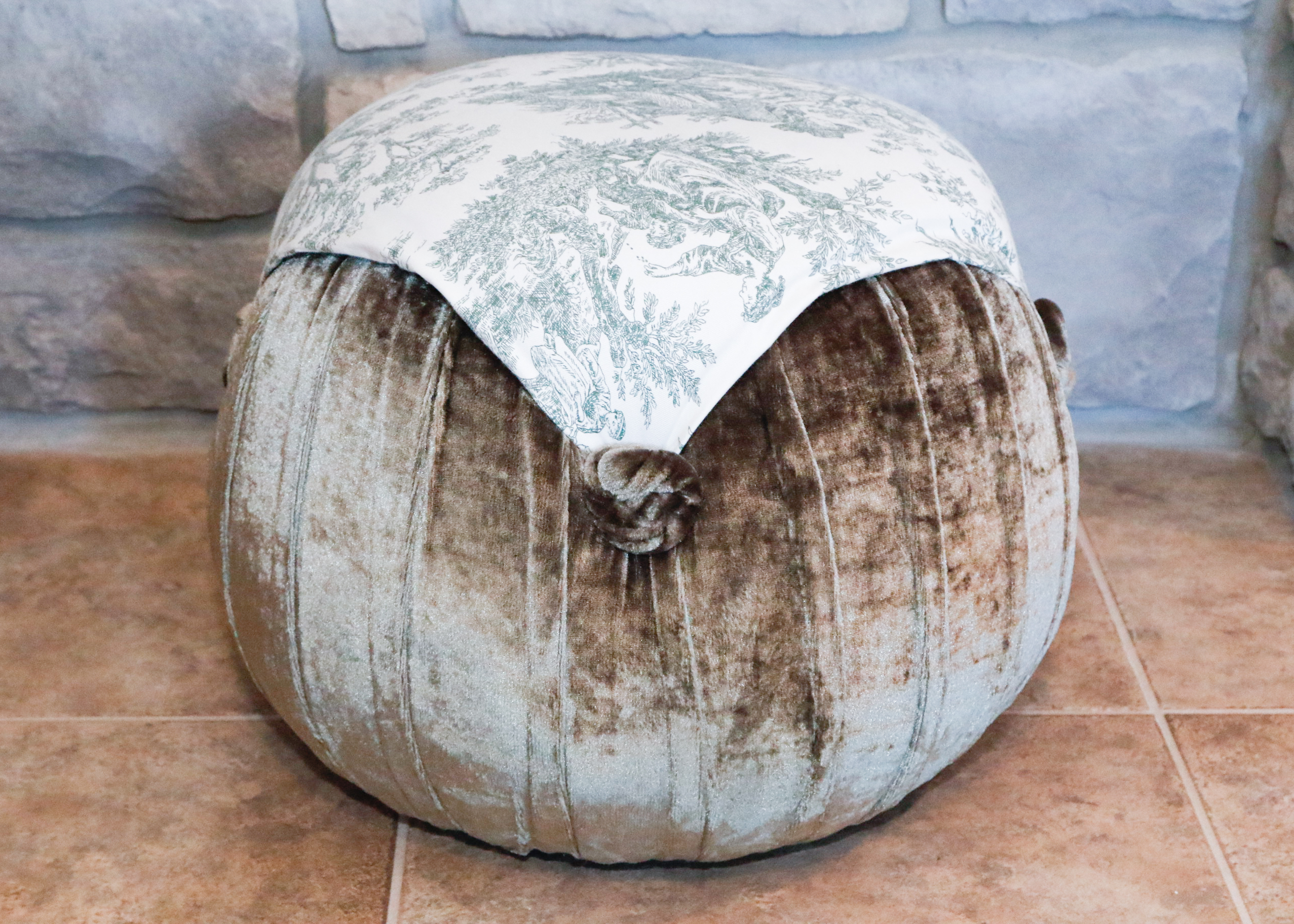 Green Velvet Toile Pouf