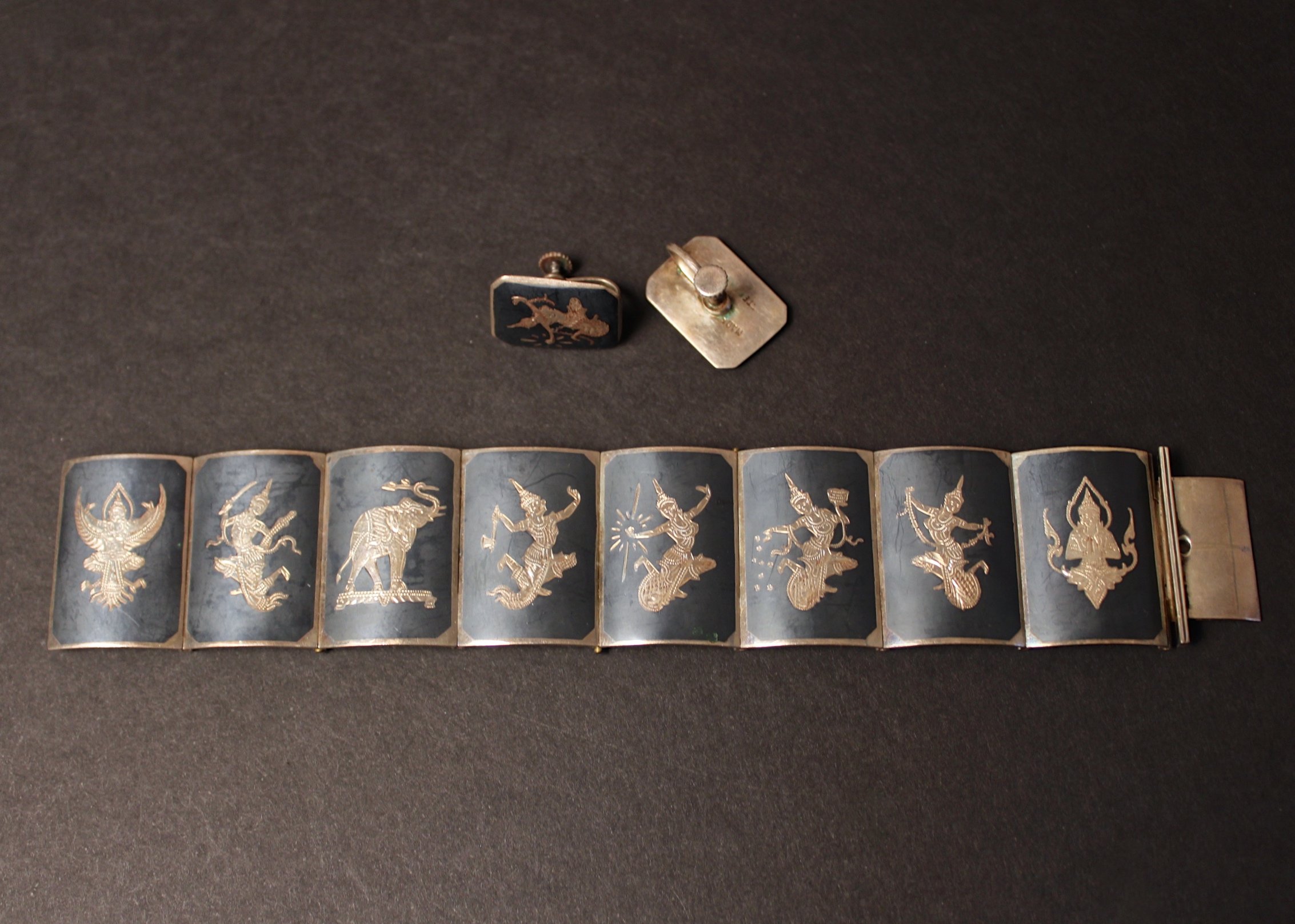 Sterling Silver Siamese Niello Bracelet and Earrings