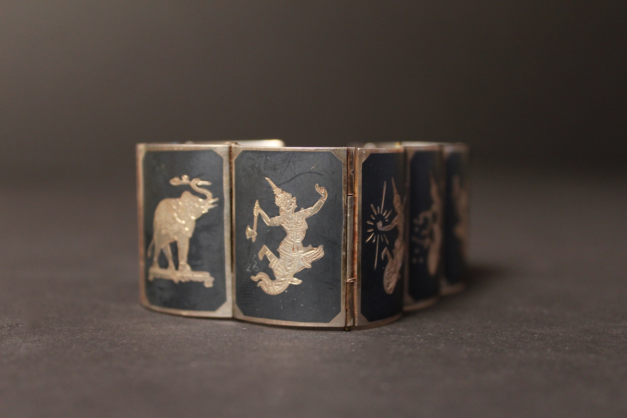 Sterling Silver Siamese Niello Bracelet and Earrings